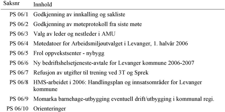 halvår 2006 PS 06/5 Frol oppvekstsenter - nybygg PS 06/6 Ny bedriftshelsetjeneste-avtale for Levanger kommune 2006-2007 PS 06/7 Refusjon av