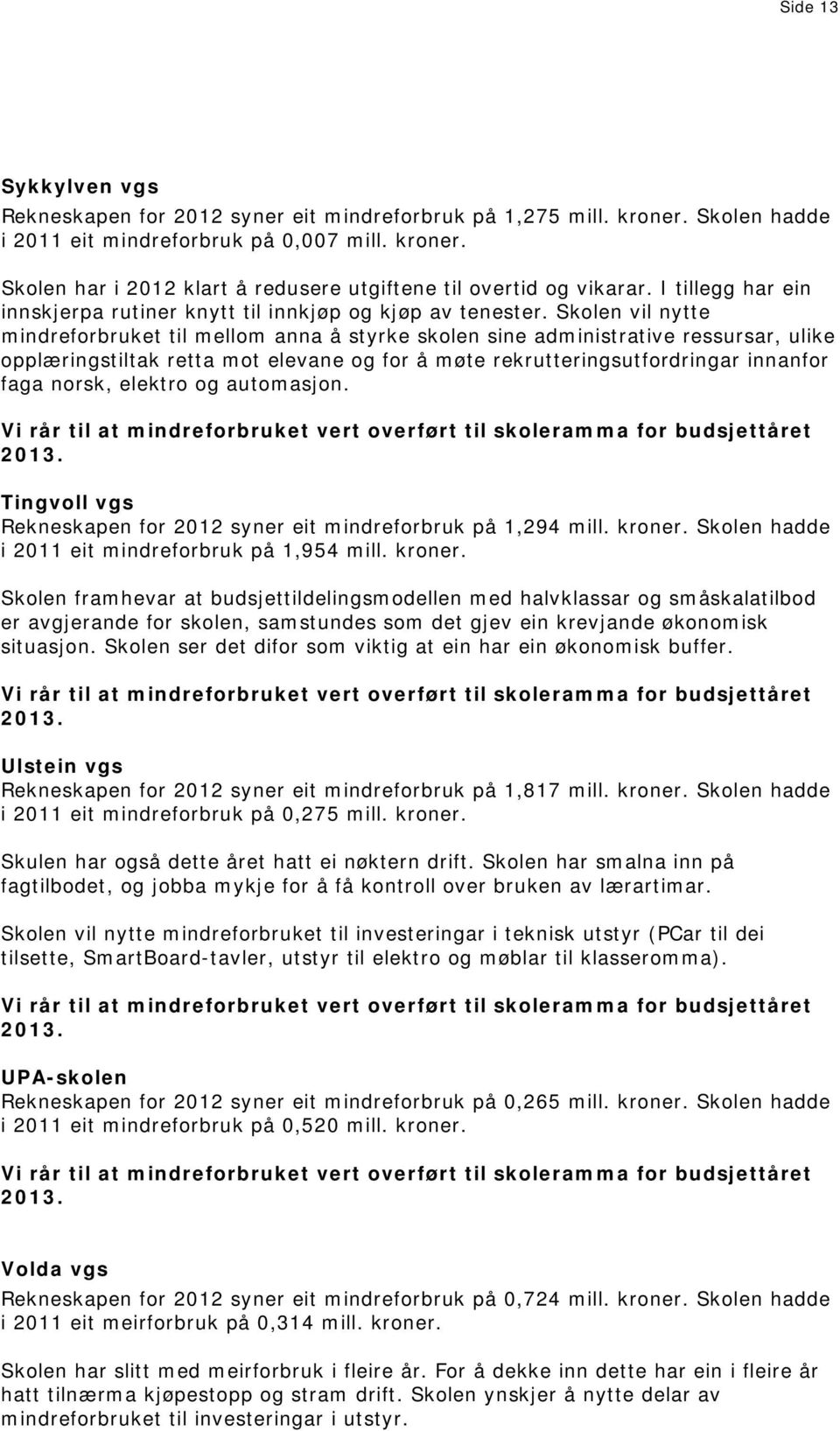 Skolen vil nytte mindreforbruket til mellom anna å styrke skolen sine administrative ressursar, ulike opplæringstiltak retta mot elevane og for å møte rekrutteringsutfordringar innanfor faga norsk,