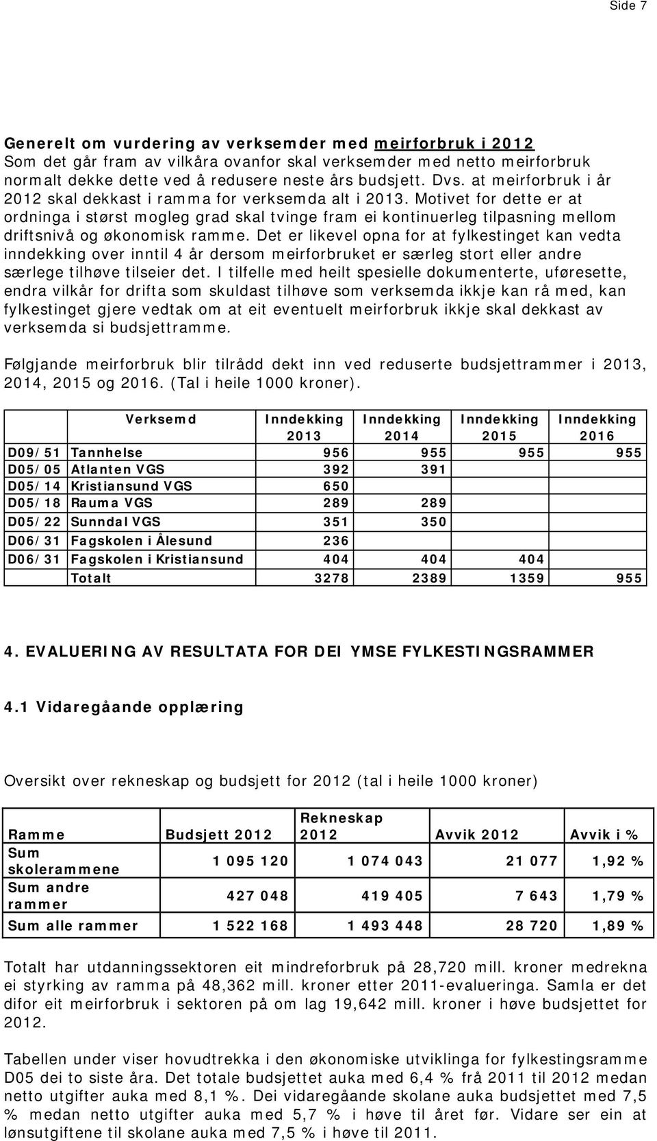 ramme. Det er likevel opna for at fylkestinget kan vedta inndekking over inntil 4 år dersom meirforbruket er særleg stort eller andre særlege tilhøve tilseier det.