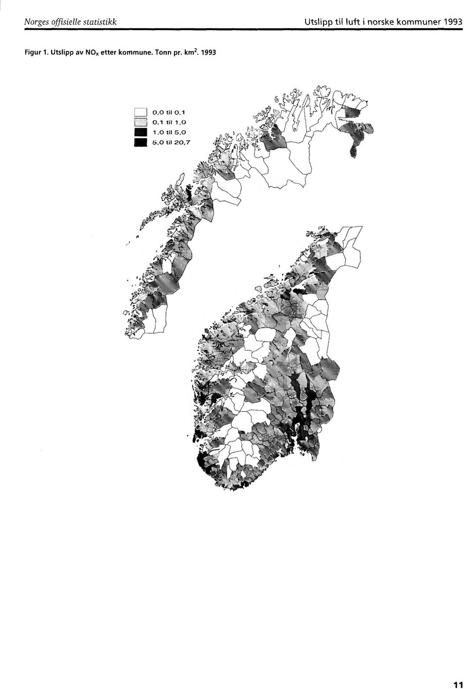 Utslipp av NO etter kommune. Tonn pr. km 2.