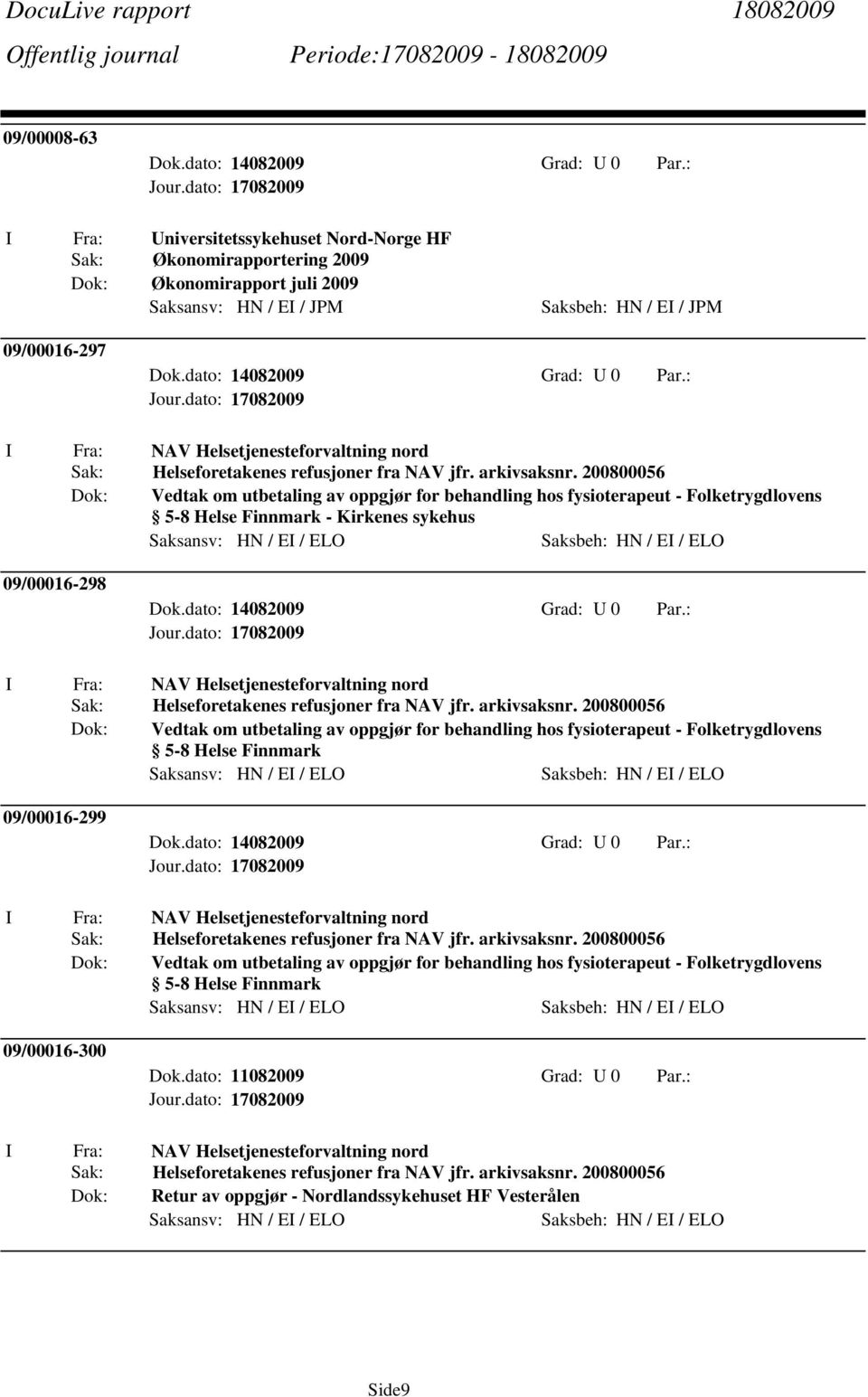 200800056 Vedtak om utbetaling av oppgjør for behandling hos fysioterapeut - Folketrygdlovens 5-8 Helse Finnmark - Kirkenes sykehus 09/00016-298 Helseforetakenes refusjoner fra NAV  200800056 Vedtak