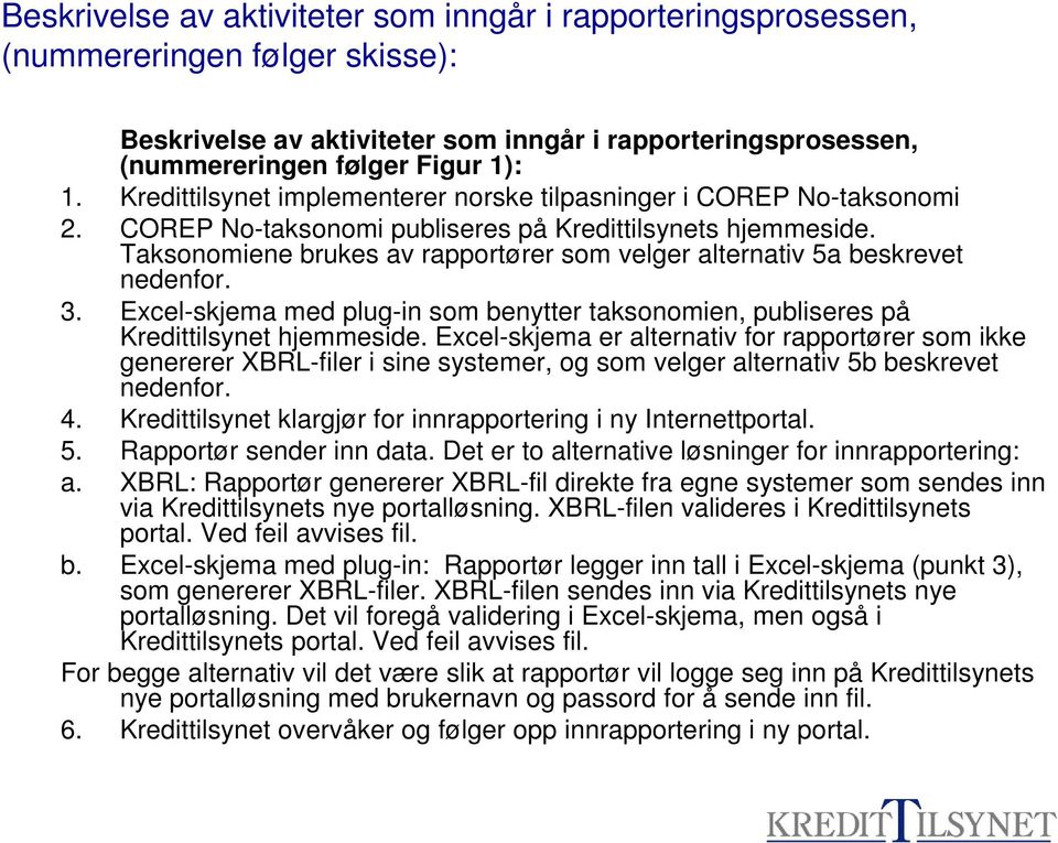 Taksonomiene brukes av rapportører som velger alternativ 5a beskrevet nedenfor. 3. Excel-skjema med plug-in som benytter taksonomien, publiseres på Kredittilsynet hjemmeside.