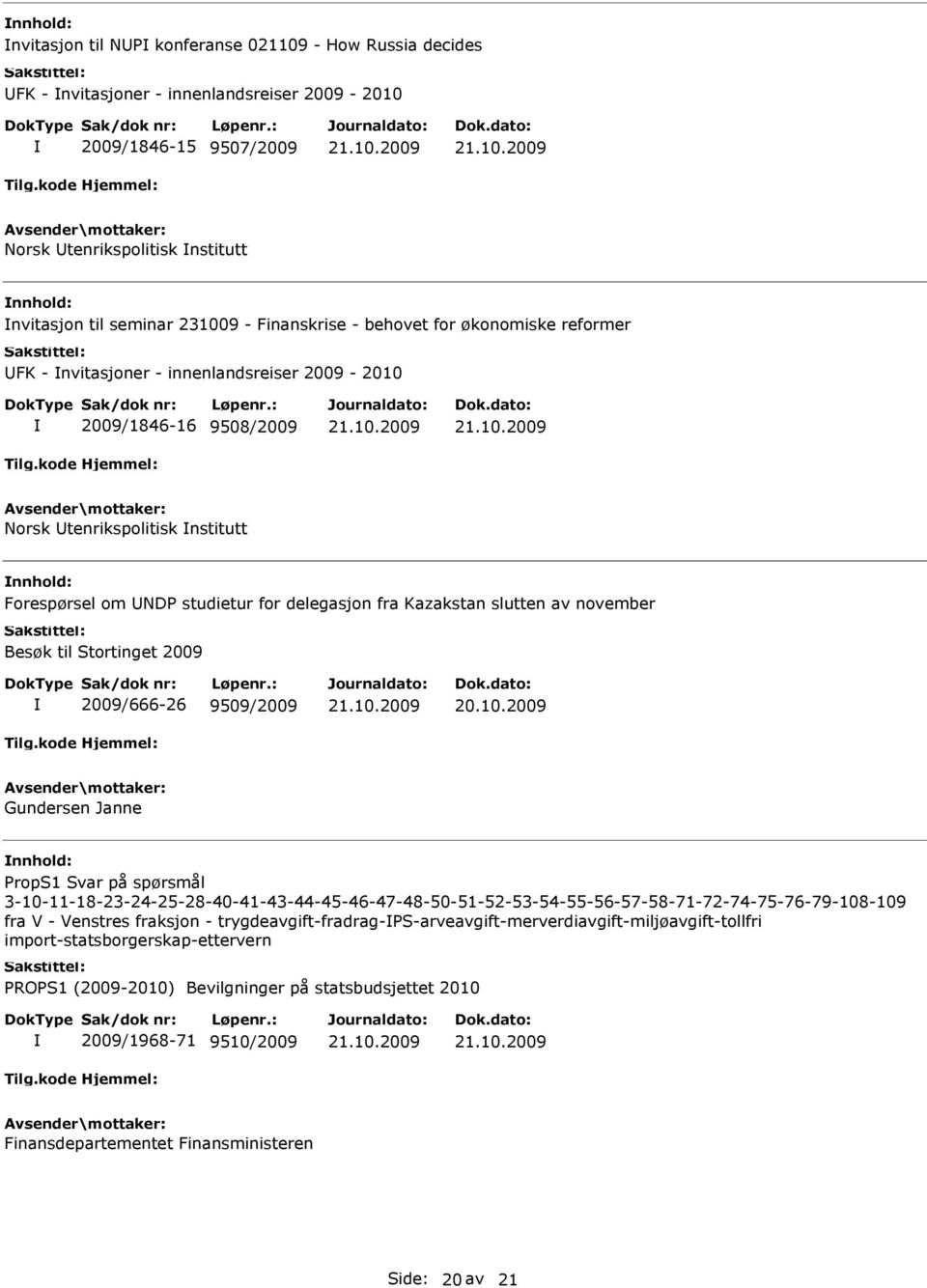 fra Kazakstan slutten av november Besøk til Stortinget 2009 2009/666-26 9509/2009 Gundersen Janne PropS1 Svar på spørsmål