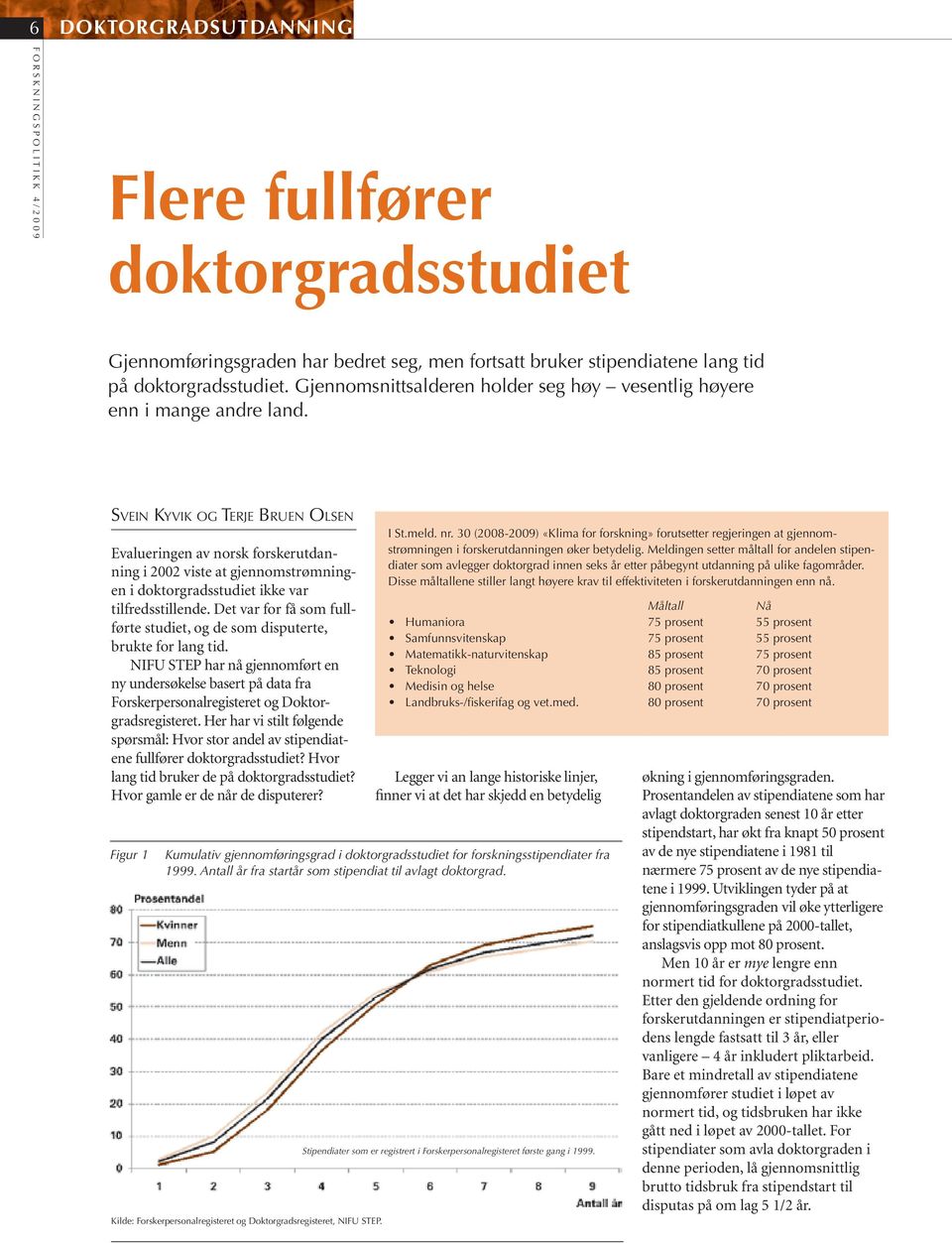 Svein Kyvik og Terje Bruen Olsen Evalueringen av norsk forskerutdanning i 2002 viste at gjennomstrømningen i doktorgradsstudiet ikke var tilfredsstillende.