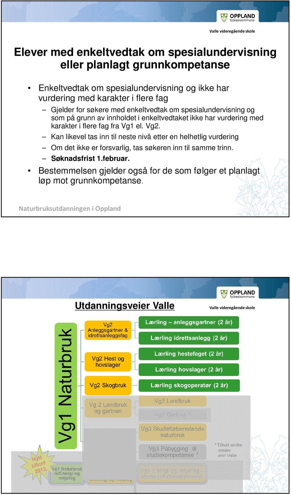 flere fag fra Vg1 el. Vg2. Kan likevel tas inn til neste nivå etter en helhetlig vurdering Om det ikke er forsvarlig, tas søkeren inn til samme trinn.