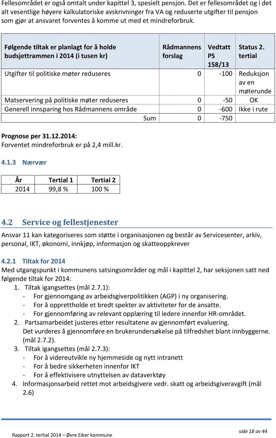 Følgende tiltak er planlagt for å holde budsjettrammen i 2014 (i tusen kr) Rådmannens forslag Vedtatt PS 158/13 Status 2.