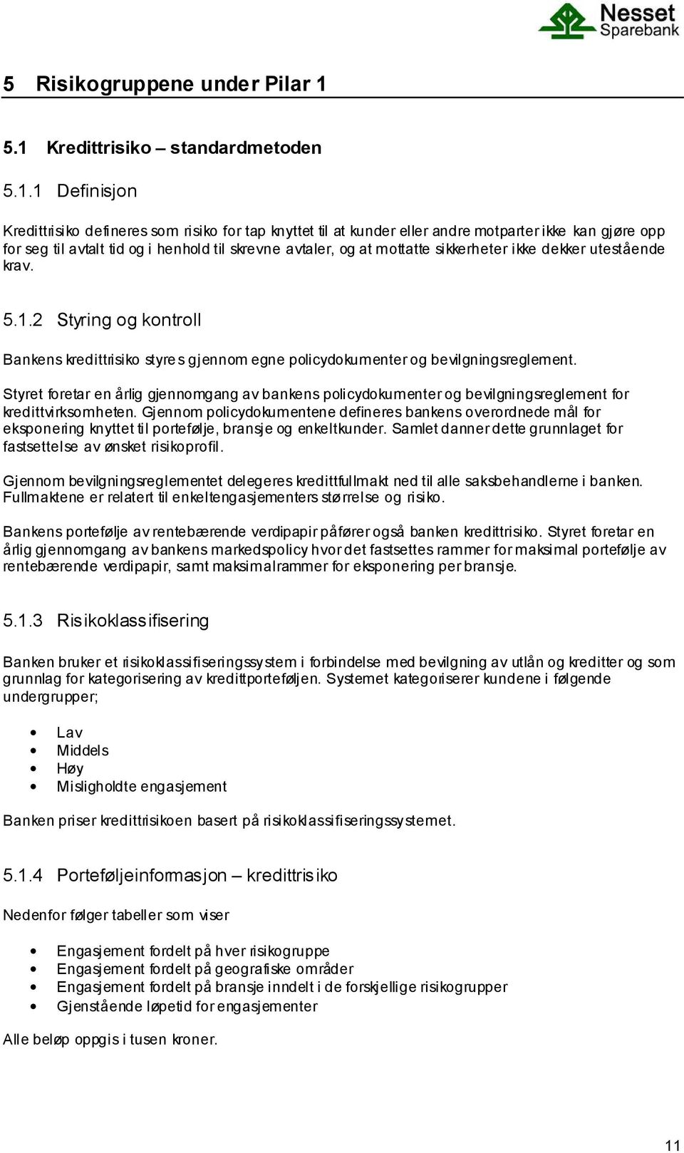 skrevne avtaler, og at mottatte sikkerheter ikke dekker utestående krav. 5.1.2 Styring og kontroll Bankens kredittrisiko styres gjennom egne policydokumenter og bevilgningsreglement.