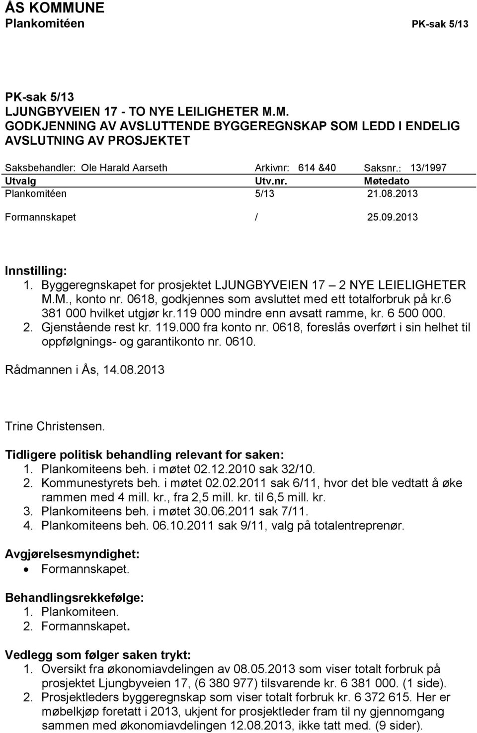 0618, godkjennes som avsluttet med ett totalforbruk på kr.6 381 000 hvilket utgjør kr.119 000 mindre enn avsatt ramme, kr. 6 500 000. 2. Gjenstående rest kr. 119.000 fra konto nr.