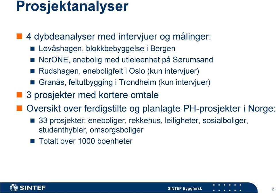 intervjuer) 3 prosjekter med kortere omtale Oversikt over ferdigstilte og planlagte PH-prosjekter i Norge: 33