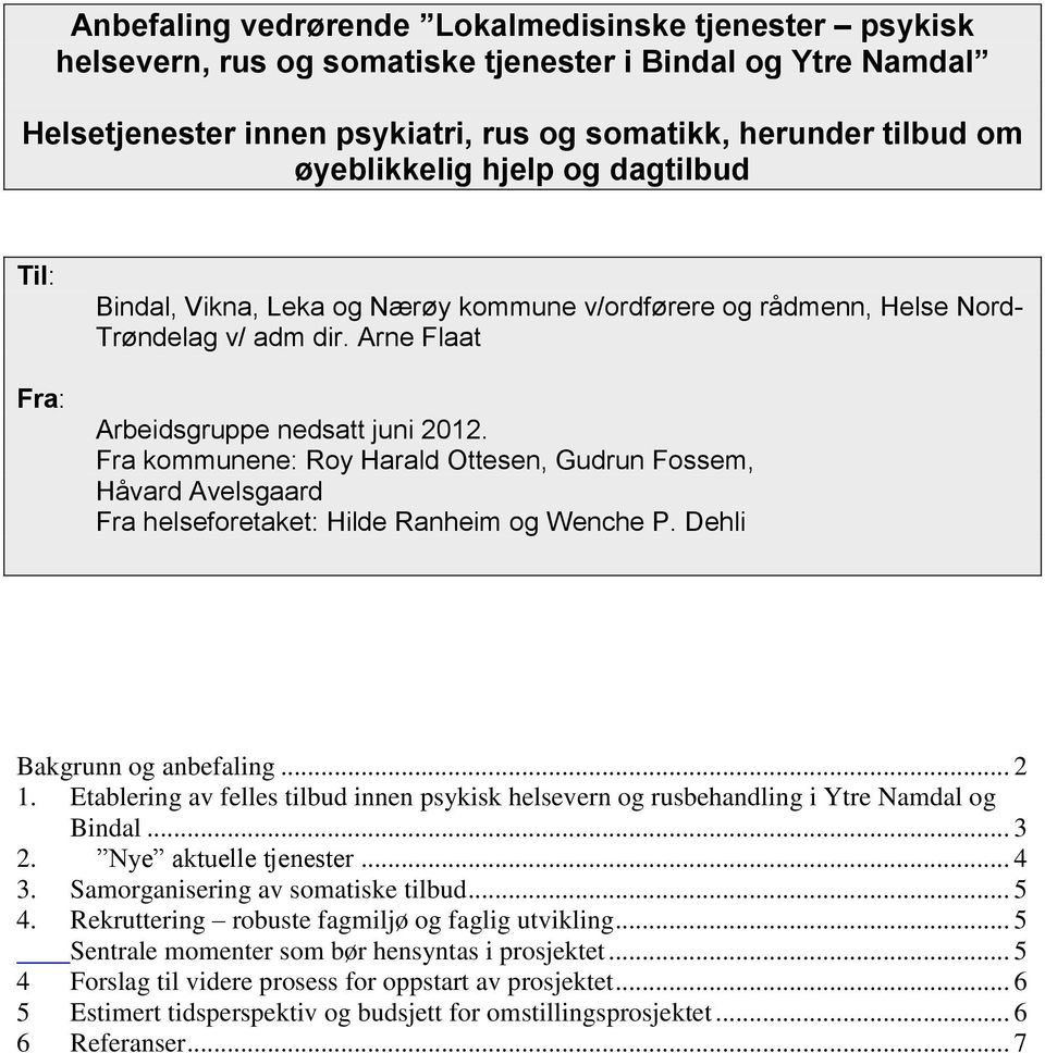 Fra kommunene: Roy Harald Ottesen, Gudrun Fossem, Håvard Avelsgaard Fra helseforetaket: Hilde Ranheim og Wenche P. Dehli Bakgrunn og anbefaling... 2 1.