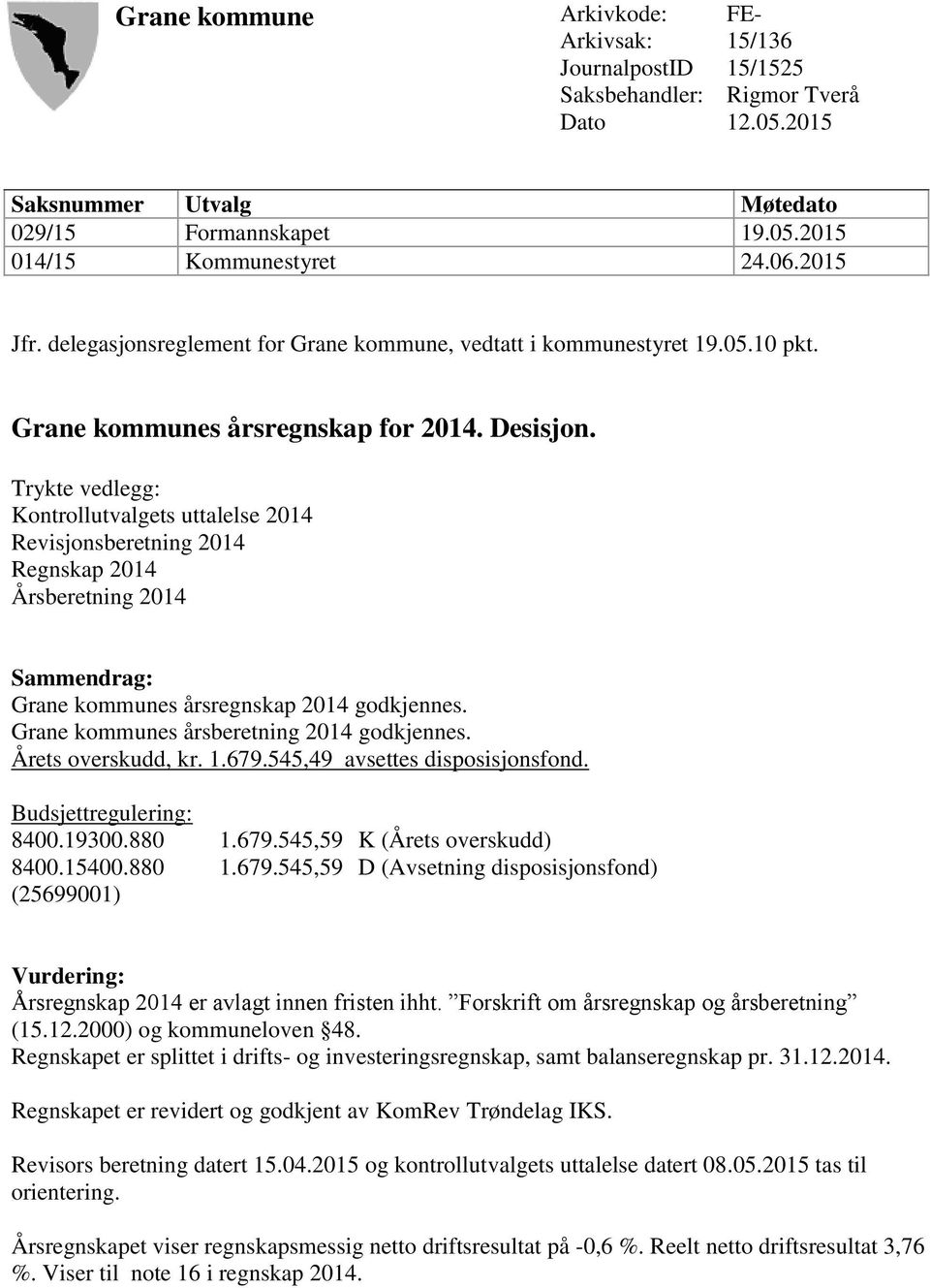 Trykte vedlegg: Kontrollutvalgets uttalelse 2014 Revisjonsberetning 2014 Regnskap 2014 Årsberetning 2014 Sammendrag: Grane kommunes årsregnskap 2014 godkjennes.