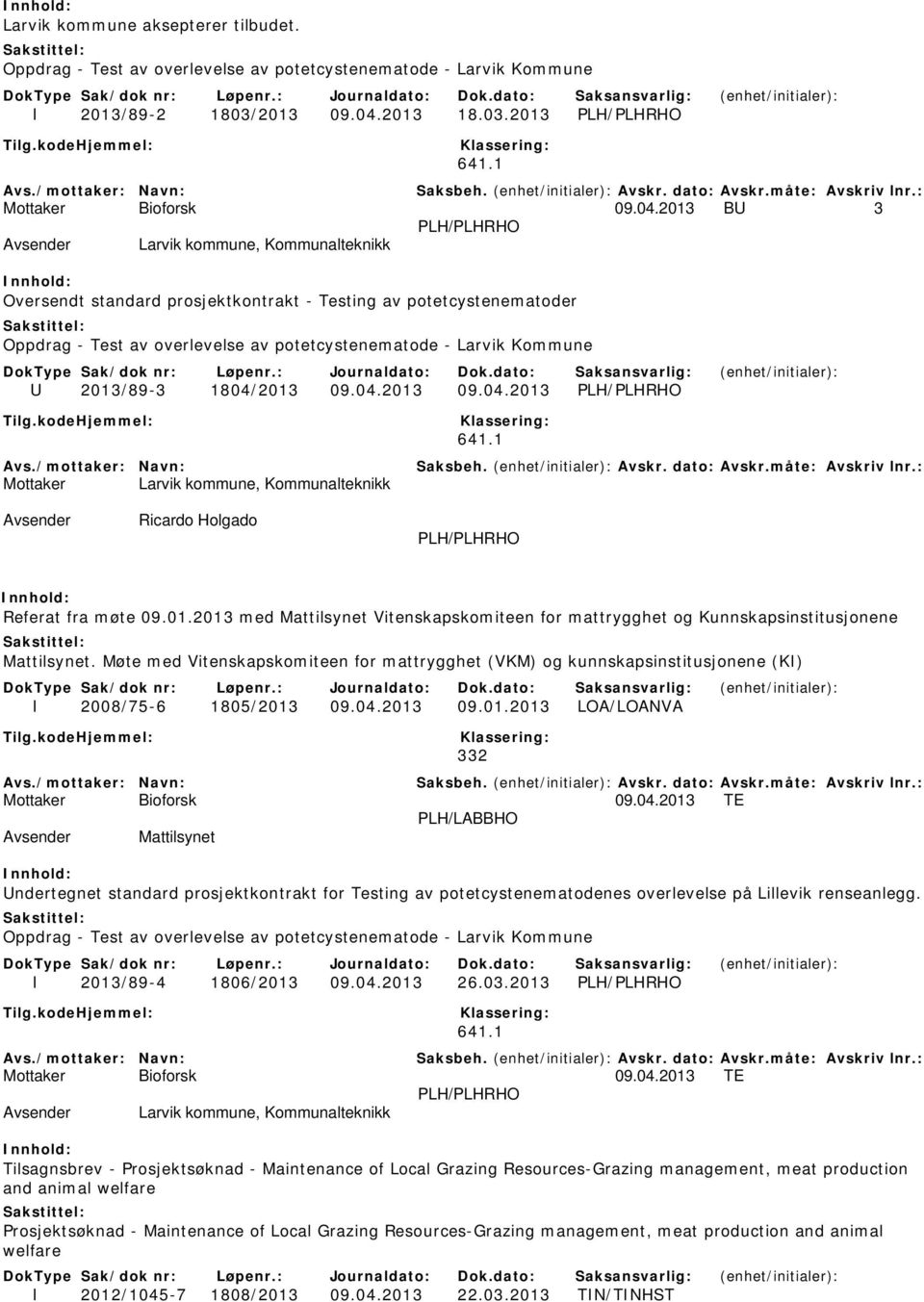 2013 BU 3 PLH/PLHRHO Larvik kommune, Kommunalteknikk Oversendt standard prosjektkontrakt - Testing av potetcystenematoder Oppdrag - Test av overlevelse av potetcystenematode - Larvik Kommune U