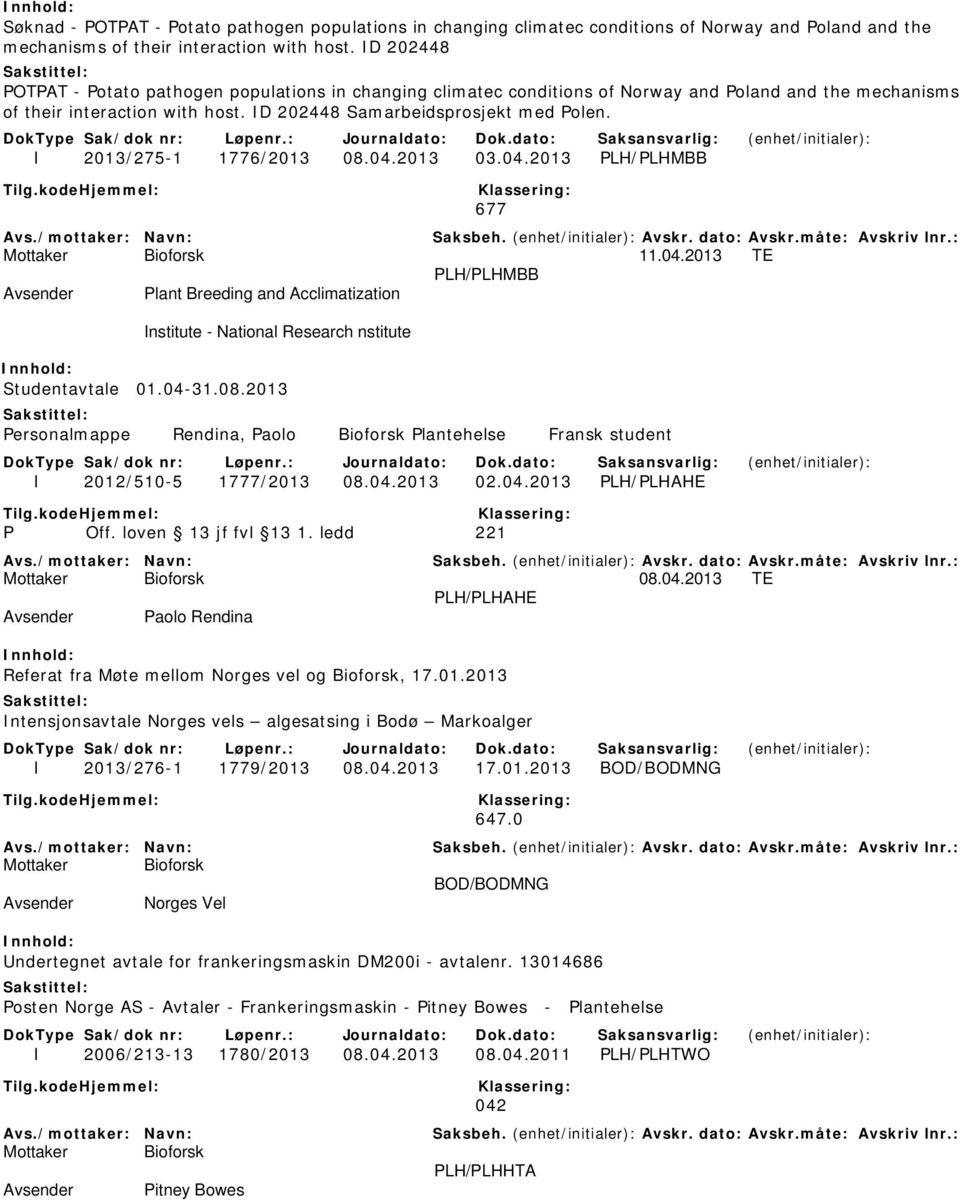 I 2013/275-1 1776/2013 08.04.2013 03.04.2013 PLH/PLHMBB 677 11.04.2013 TE PLH/PLHMBB Plant Breeding and Acclimatization Institute - National Research nstitute Studentavtale 01.04-31.08.2013 Personalmappe Rendina, Paolo Bioforsk Plantehelse Fransk student I 2012/510-5 1777/2013 08.