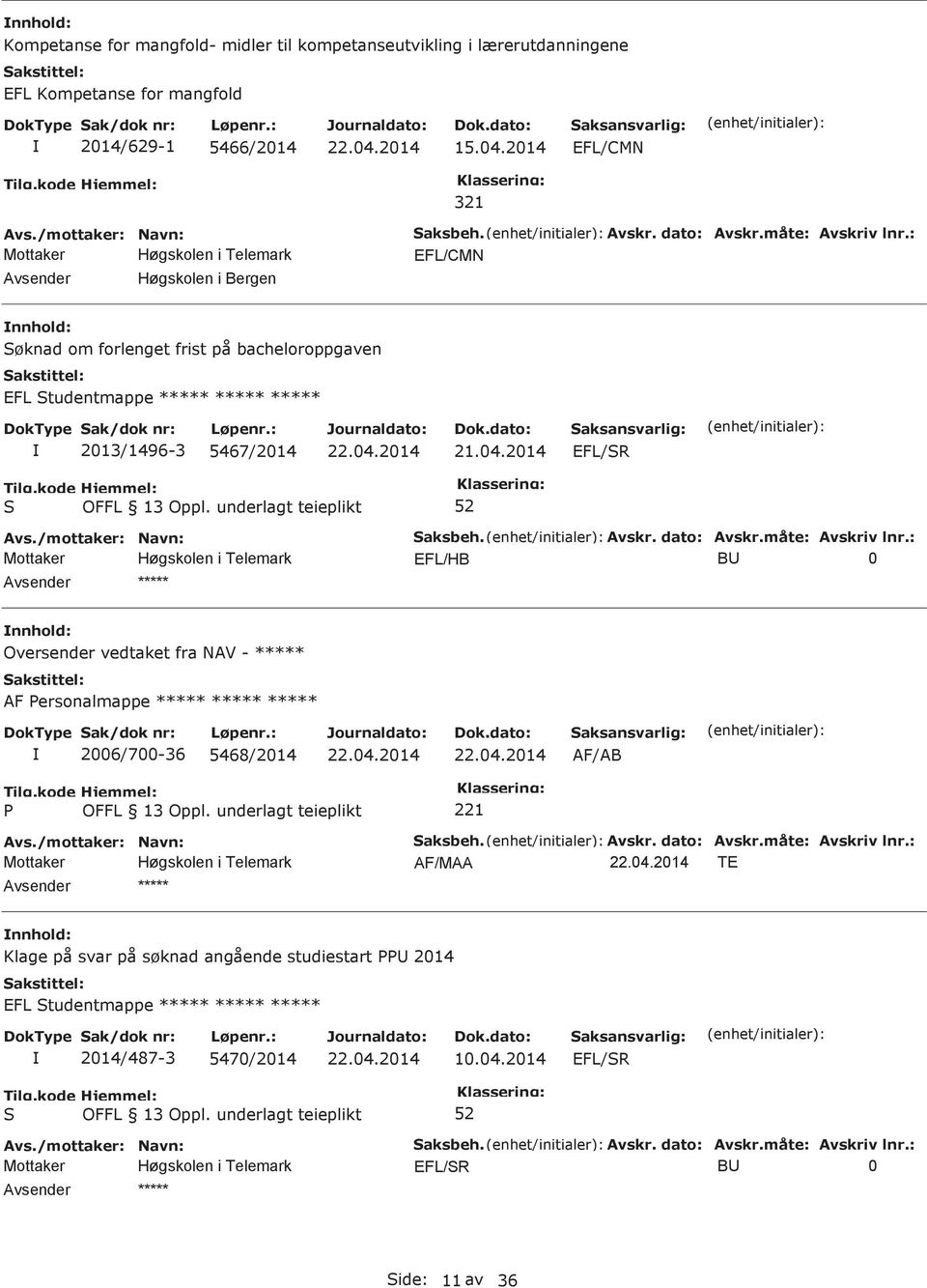 Avskr. dato: Avskr.måte: Avskriv lnr.: AF/MAA TE Klage på svar på søknad angående studiestart 2014 EFL tudentmappe ***** ***** ***** 2014/487-3 5470/2014 10.04.2014 EFL/R aksbeh. Avskr. dato: Avskr.måte: Avskriv lnr.: EFL/R B 0 ide: 11 av 36