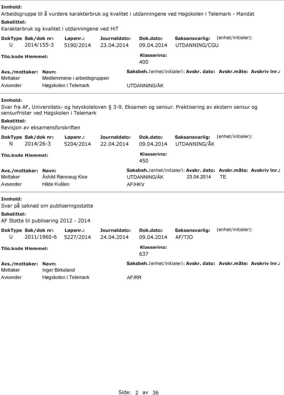 raktisering av ekstern sensur og sensurfrister ved Høgskolen i Telemark Revisjon av eksamensforskriften N 2014/26-3 04/2014 09.04.2014 TDANNNG/ÅK 450 aksbeh. Avskr. dato: Avskr.måte: Avskriv lnr.