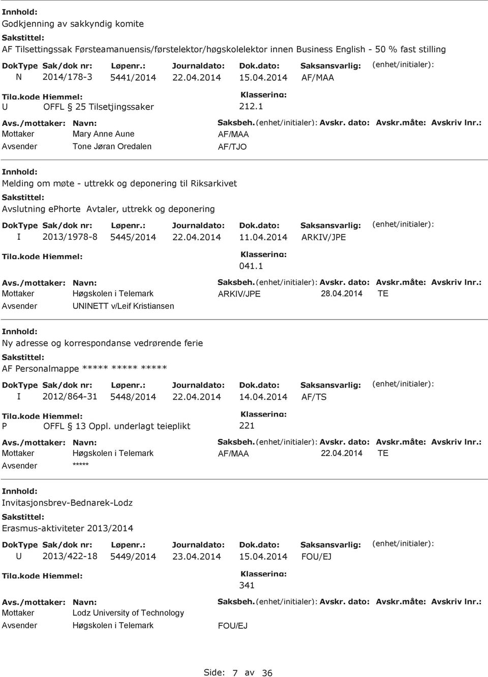 : AF/MAA AF/TJO Melding om møte - uttrekk og deponering til Riksarkivet Avslutning ehorte Avtaler, uttrekk og deponering 2013/1978-8 5445/2014 11.04.2014 ARKV/JE 041.1 aksbeh. Avskr. dato: Avskr.