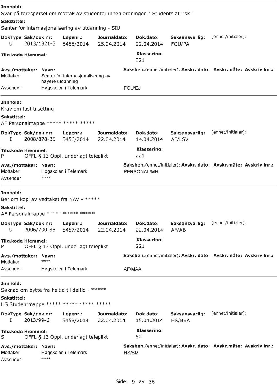 Avskr. dato: Avskr.måte: Avskriv lnr.: AF/MAA øknad om bytte fra heltid til deltid - ***** H tudentmappe ***** ***** ***** ***** 2013/99-6 5458/2014 15.04.2014 H/BBA aksbeh. Avskr. dato: Avskr.måte: Avskriv lnr.: H/BM ide: 9 av 36