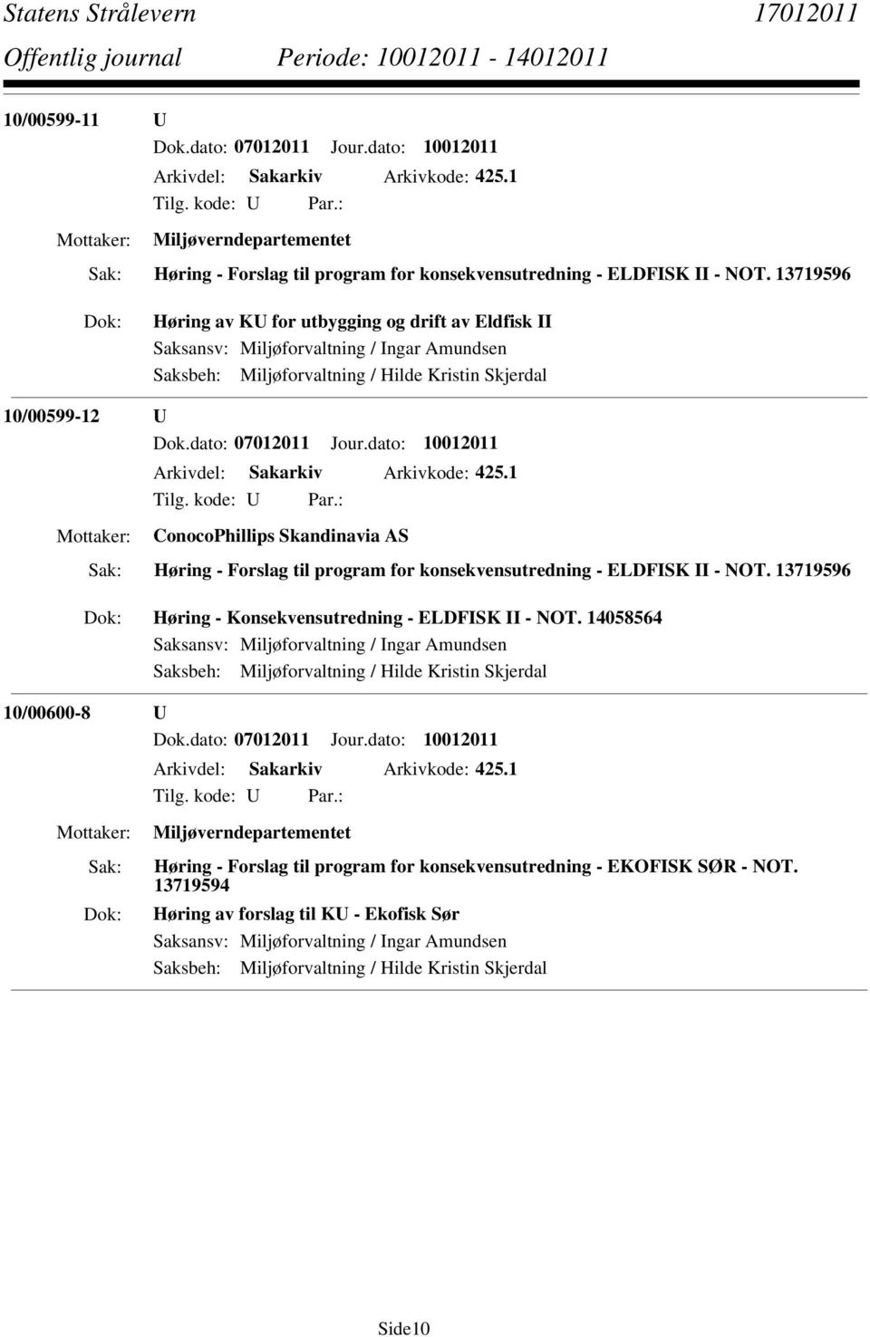 dato: 10012011 Arkivdel: Sakarkiv Arkivkode: 425.1 ConocoPhillips Skandinavia AS Høring - Forslag til program for konsekvensutredning - ELDFISK II - NOT.