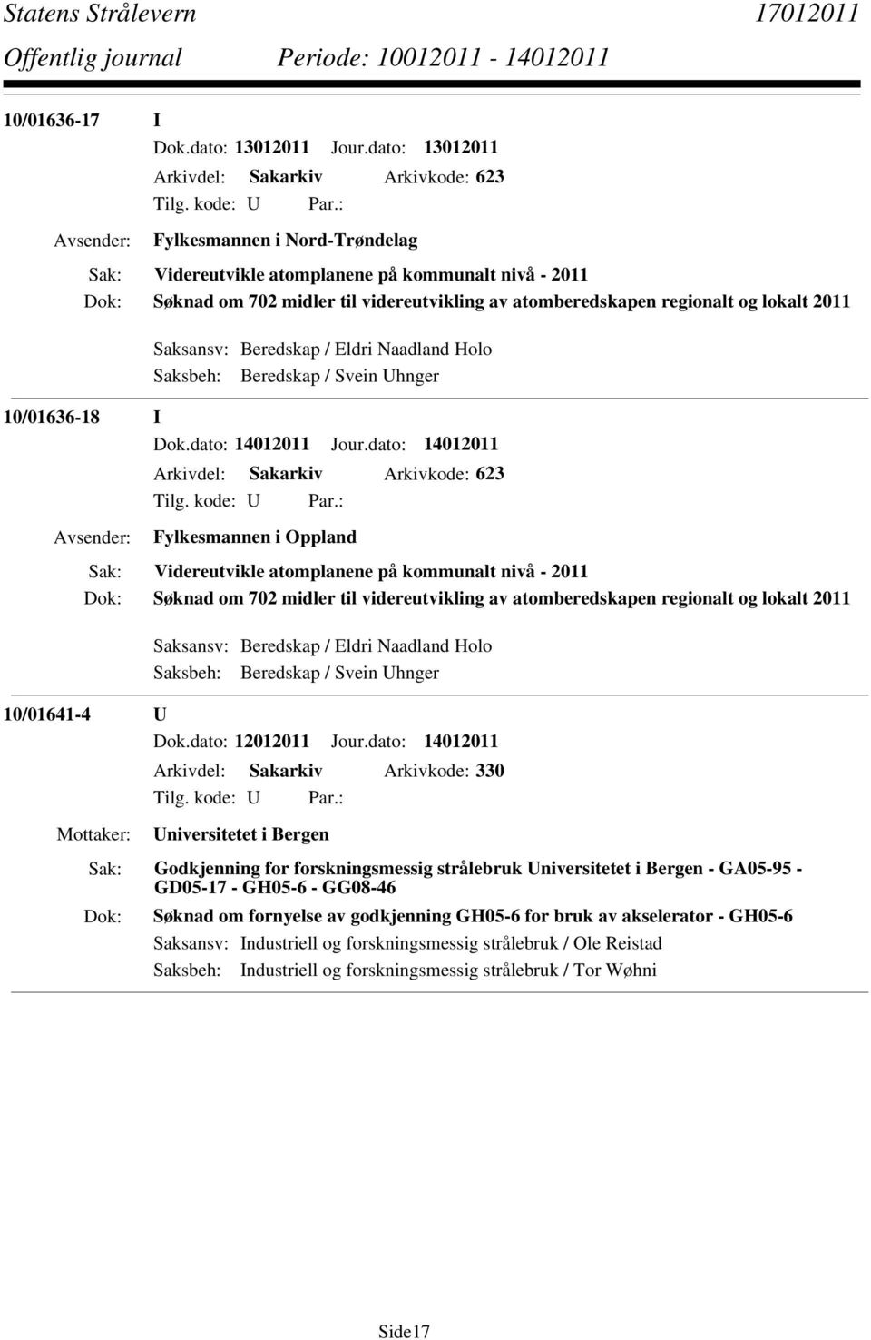 og lokalt 2011 Saksansv: Beredskap / Eldri Naadland Holo Saksbeh: Beredskap / Svein Uhnger 10/01636-18 I Dok.dato: 14012011 Jour.