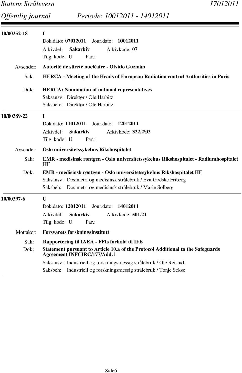 national representatives Saksansv: Direktør / Ole Harbitz Saksbeh: Direktør / Ole Harbitz 10/00389-22 I Dok.dato: 11012011 Jour.dato: 12012011 Arkivdel: Sakarkiv Arkivkode: 322.