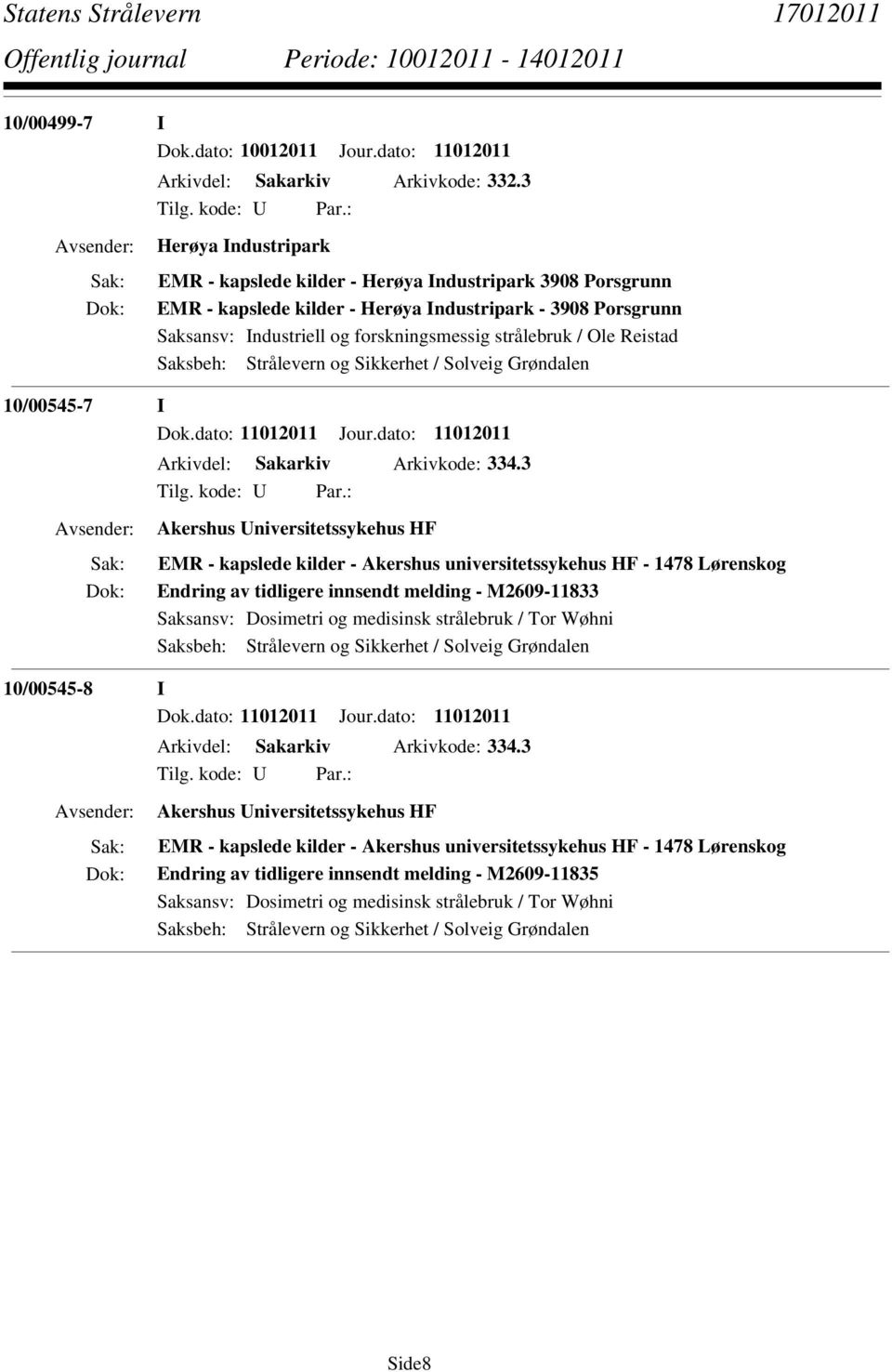 10/00545-7 I Dok.dato: 11012011 Jour.dato: 11012011 Arkivdel: Sakarkiv Arkivkode: 334.