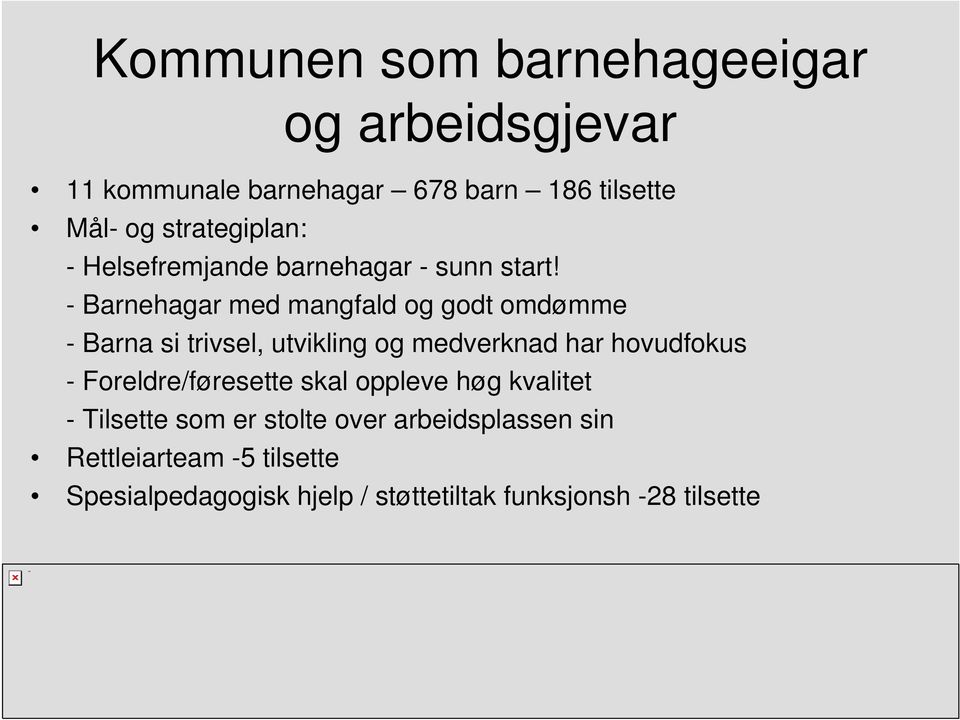 - Barnehagar med mangfald og godt omdømme - Barna si trivsel, utvikling og medverknad har hovudfokus -