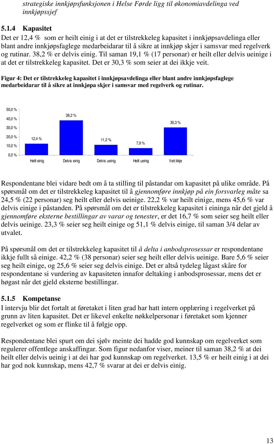 regelverk og rutinar. 38,2 % er delvis einig. Til saman 19,1 % (17 personar) er heilt eller delvis ueinige i at det er tilstrekkeleg kapasitet. Det er 30,3 % som seier at dei ikkje veit.