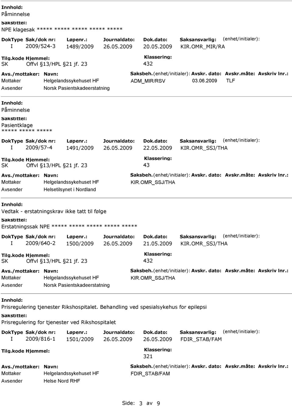 OMR_SSJ/THA Avsender Helsetilsynet i Nordland nnhold: Vedtak - erstatningskrav ikke tatt til følge Erstatningssak NPE ***** ***** ***** ***** ***** 2009/640-2