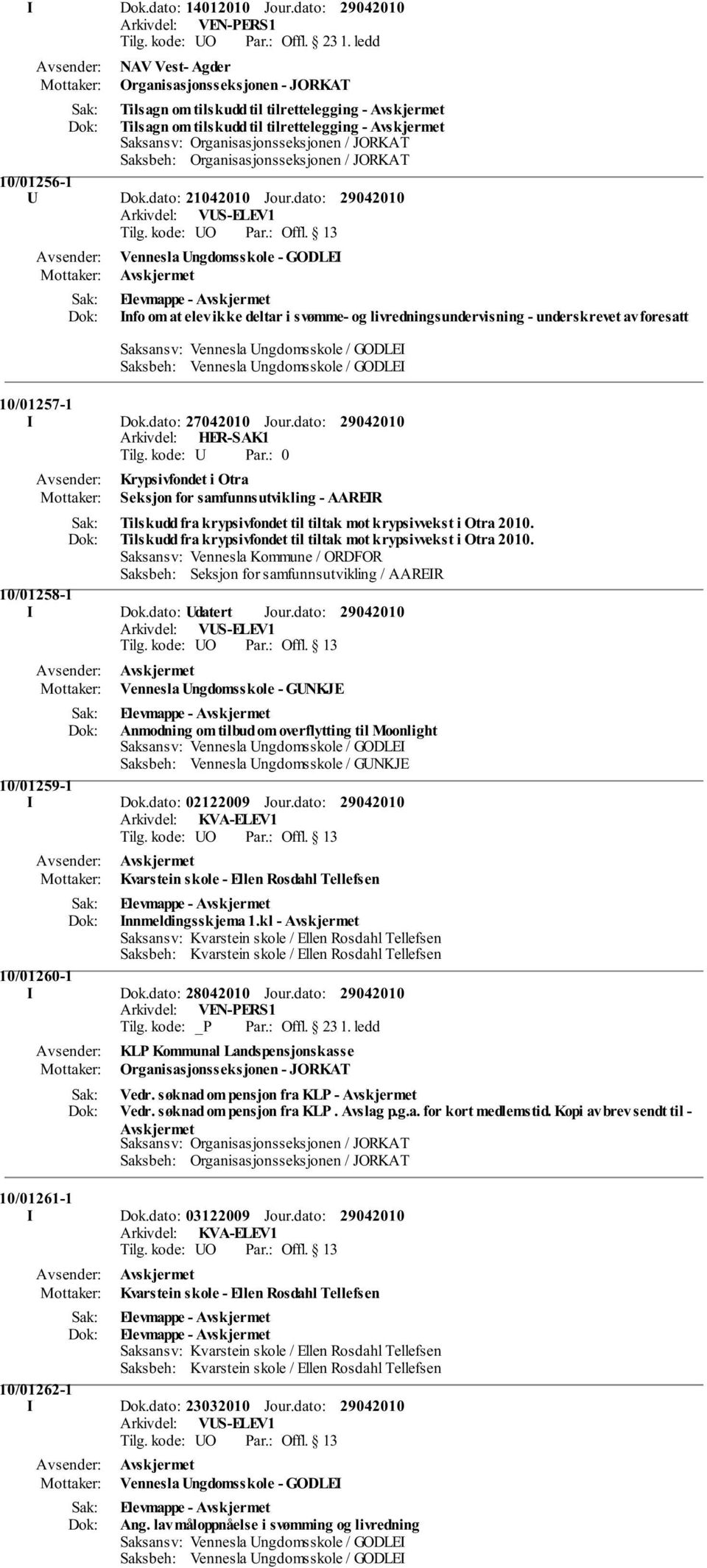 Organisasjonsseksjonen / JORKAT 10/01256-1 U Dok.dato: 21042010 Jour.