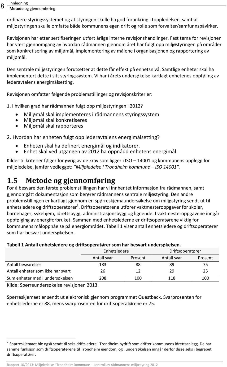 Fast tema for revisjonen har vært gjennomgang av hvordan rådmannen gjennom året har fulgt opp miljøstyringen på områder som konkretisering av miljømål, implementering av målene i organisasjonen og