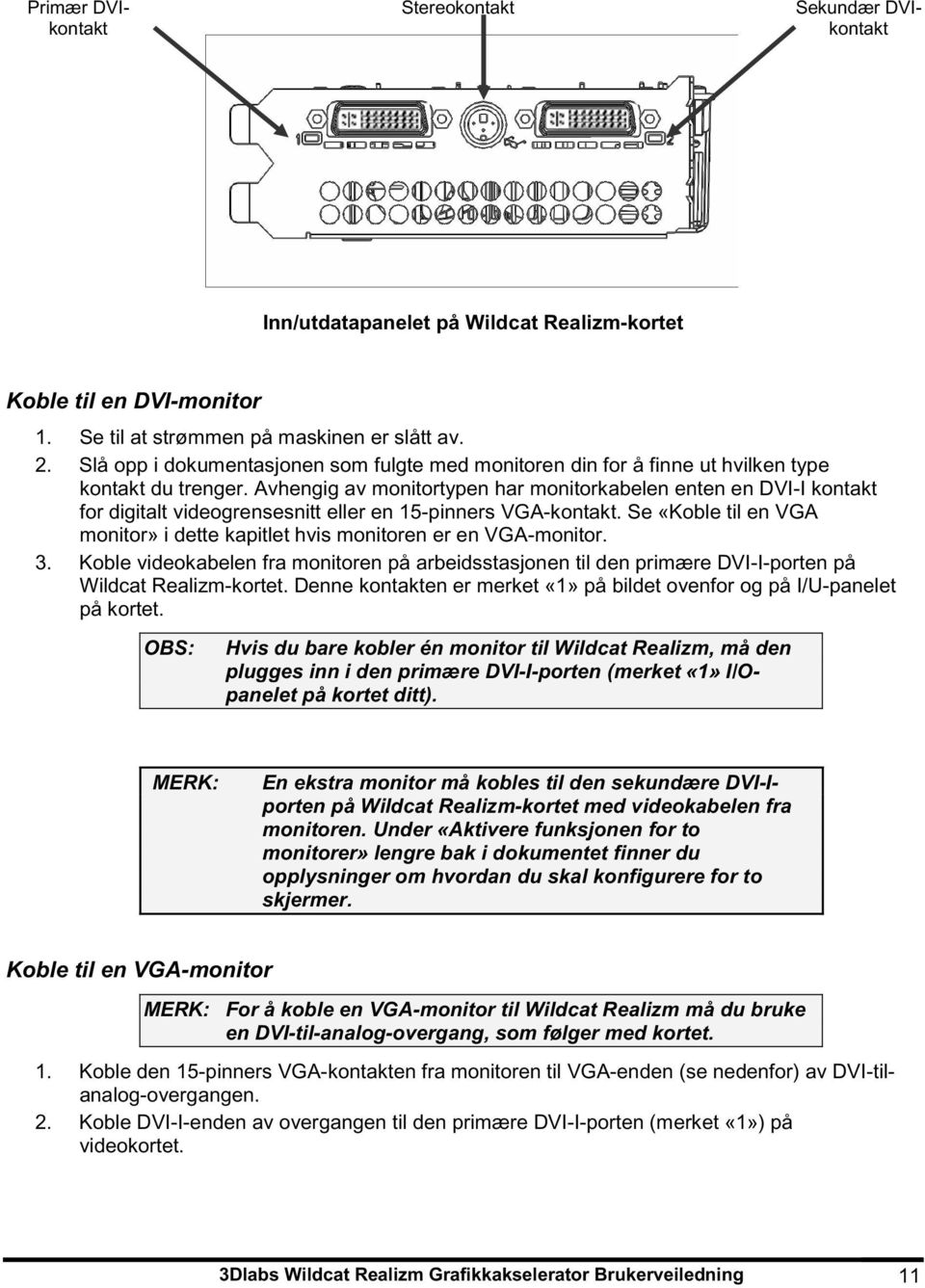 Avhengig av monitortypen har monitorkabelen enten en DVI-I kontakt for digitalt videogrensesnitt eller en 15-pinners VGA-kontakt.