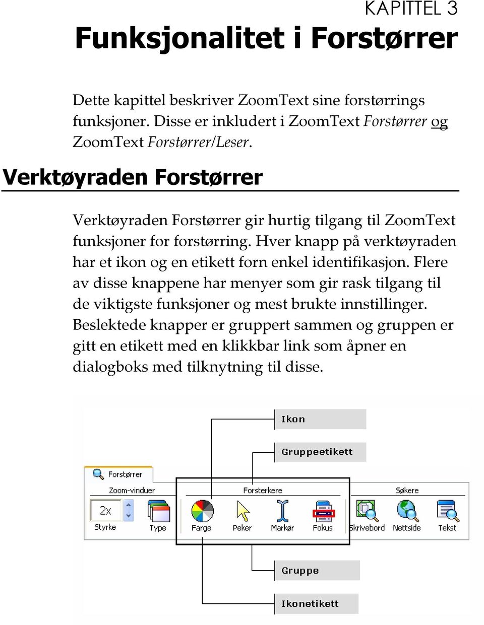 Verktøyraden Forstørrer Verktøyraden Forstørrer gir hurtig tilgang til ZoomText funksjoner for forstørring.