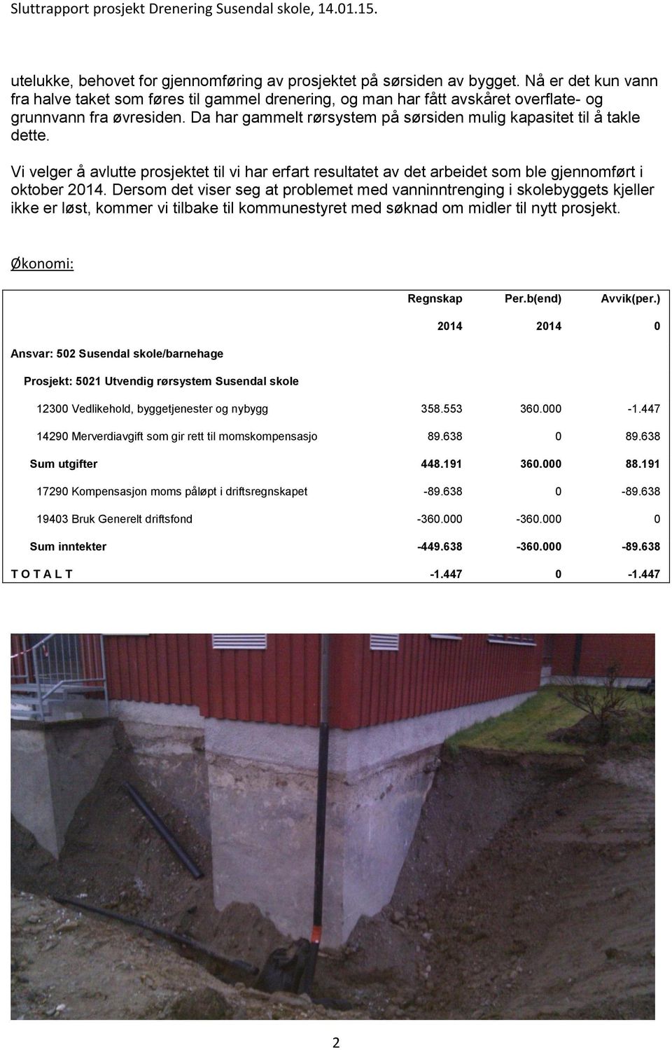 Da har gammelt rørsystem på sørsiden mulig kapasitet til å takle dette. Vi velger å avlutte prosjektet til vi har erfart resultatet av det arbeidet som ble gjennomført i oktober 2014.