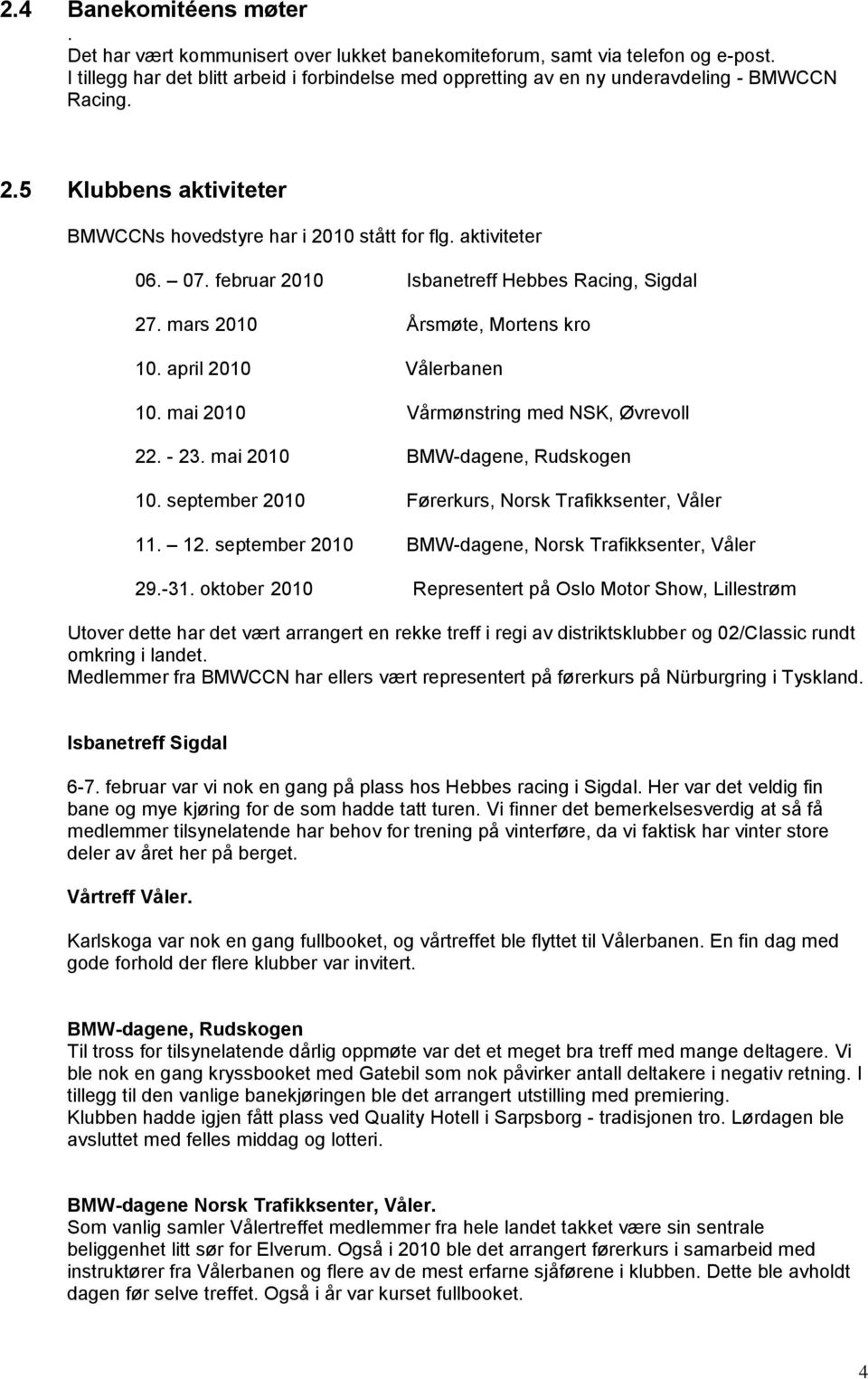 februar 2010 Isbanetreff Hebbes Racing, Sigdal 27. mars 2010 Årsmøte, Mortens kro 10. april 2010 Vålerbanen 10. mai 2010 Vårmønstring med NSK, Øvrevoll 22. - 23. mai 2010 BMW-dagene, Rudskogen 10.