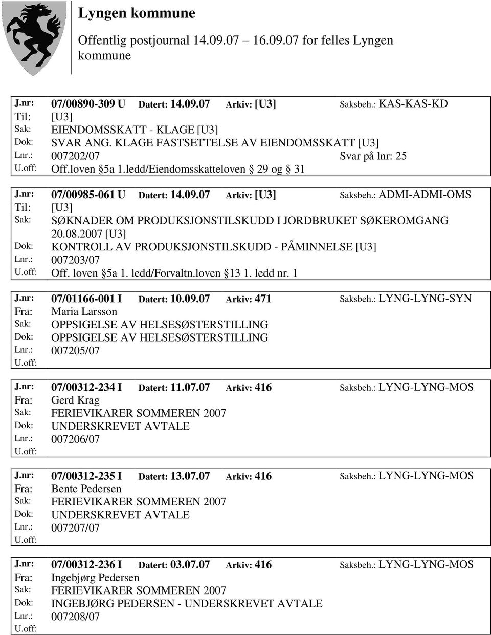 loven 5a 1. ledd/forvaltn.loven 13 1. ledd nr. 1 J.nr: 07/01166-001 I Datert: 10.09.07 Arkiv: 471 Saksbeh.