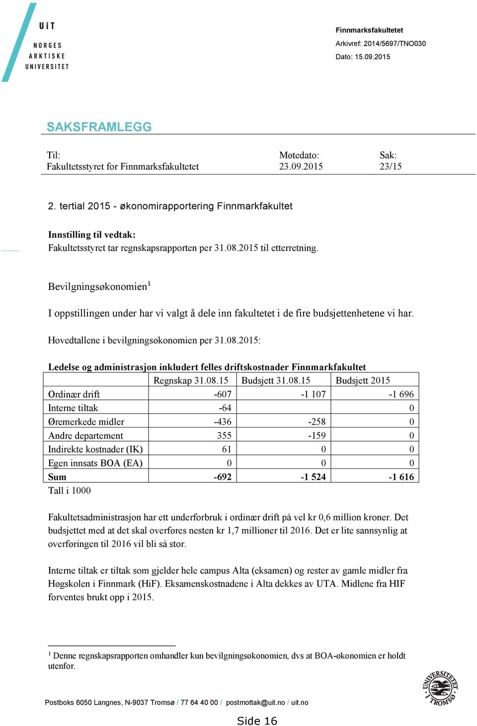 Bevilgningsøkonomien 1 I oppstillingen under har vi valgt å dele inn fakultetet i de fire budsjettenhetene vi har. Hovedtallene i bevilgningsøkonomien per 31.08.