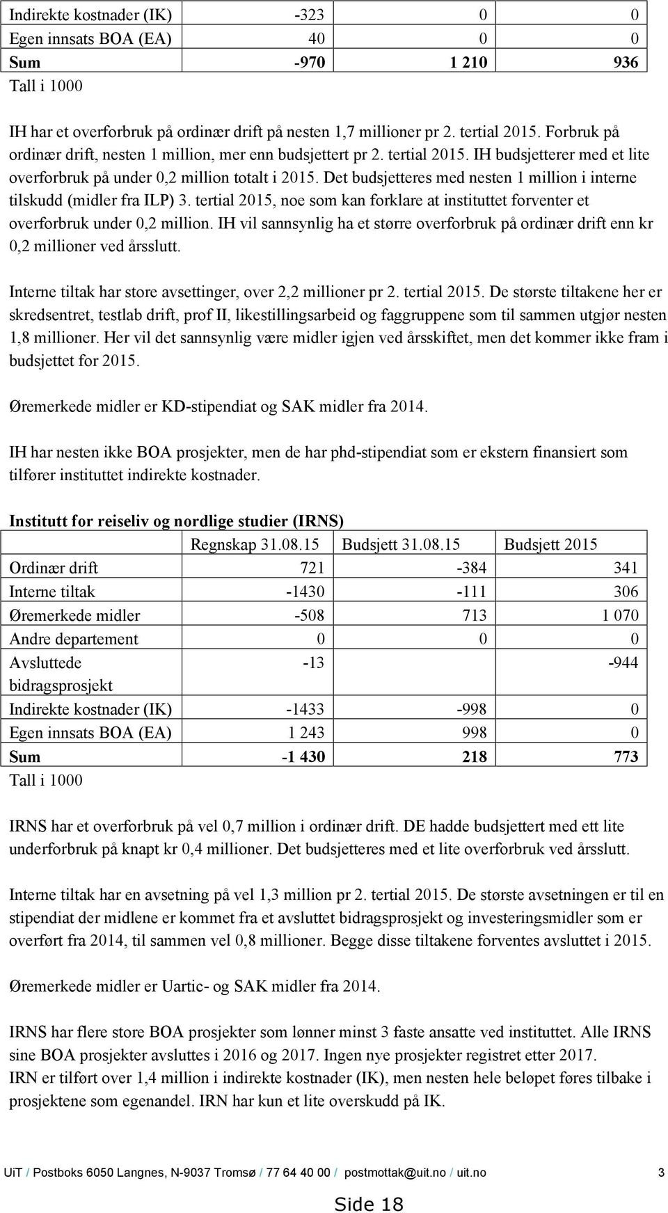 Det budsjetteres med nesten 1 million i interne tilskudd (midler fra ILP) 3. tertial 2015, noe som kan forklare at instituttet forventer et overforbruk under 0,2 million.