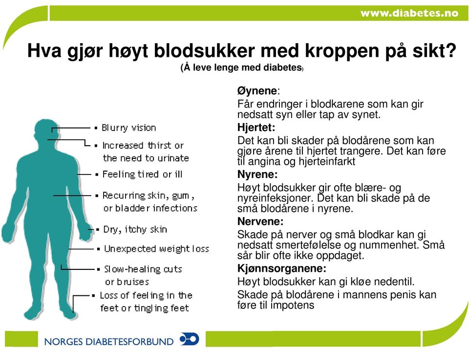 Det kan føre til angina og hjerteinfarkt Nyrene: Høyt blodsukker gir ofte blære- og nyreinfeksjoner. Det kan bli skade på de små blodårene i nyrene.