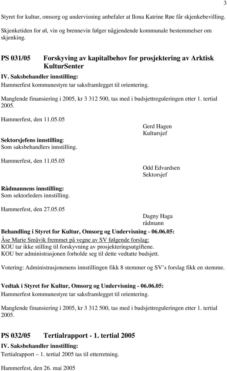 Manglende finansiering i 2005, kr 3 312 500, tas med i budsjettreguleringen etter 1. tertial 2005. Hammerfest, den 11.05.05 Sektorsjefens innstilling: Som saksbehandlers innstilling.