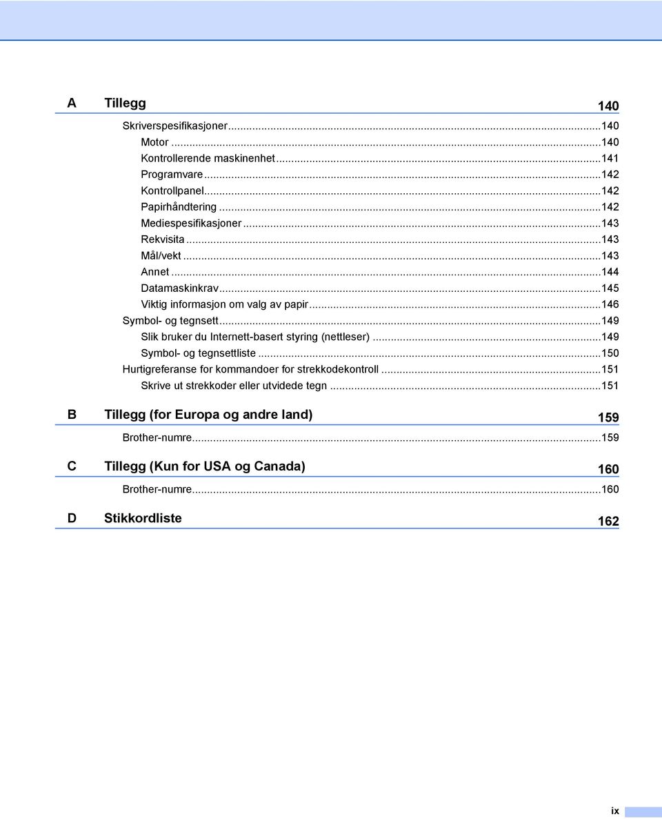 ..149 Slik bruker du Internett-basert styring (nettleser)...149 Symbol- og tegnsettliste...150 Hurtigreferanse for kommandoer for strekkodekontroll.