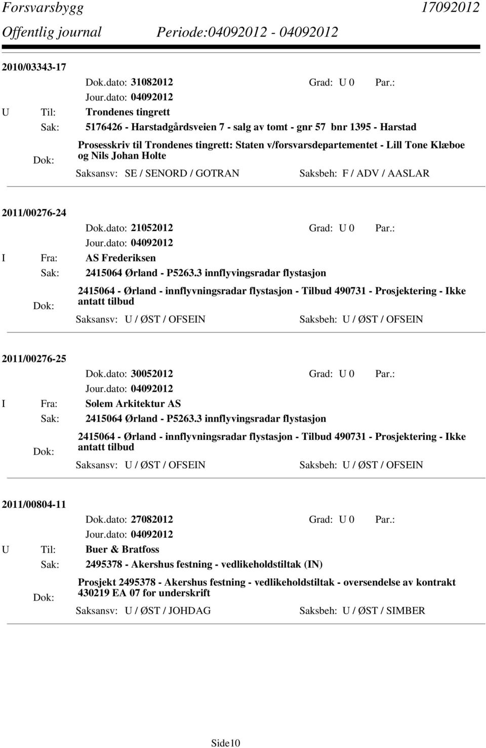 3 innflyvingsradar flystasjon 2415064 - Ørland - innflyvningsradar flystasjon - Tilbud 490731 - Prosjektering - Ikke antatt tilbud Saksansv: U / ØST / OFSEIN Saksbeh: U / ØST / OFSEIN 2011/00276-25