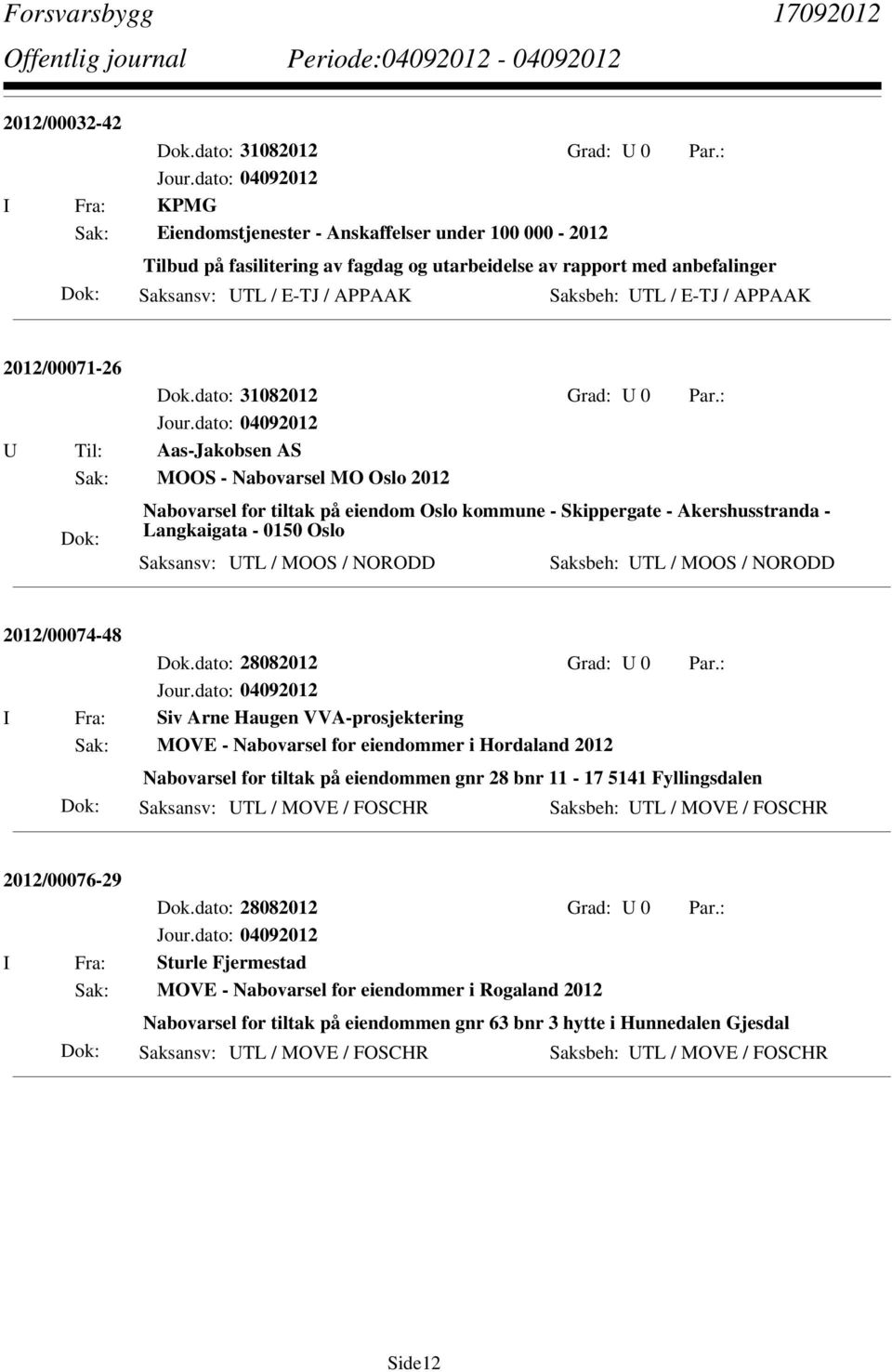 Saksansv: UTL / MOOS / NORODD Saksbeh: UTL / MOOS / NORODD 2012/00074-48 Dok.dato: 28082012 Grad: U 0 Par.