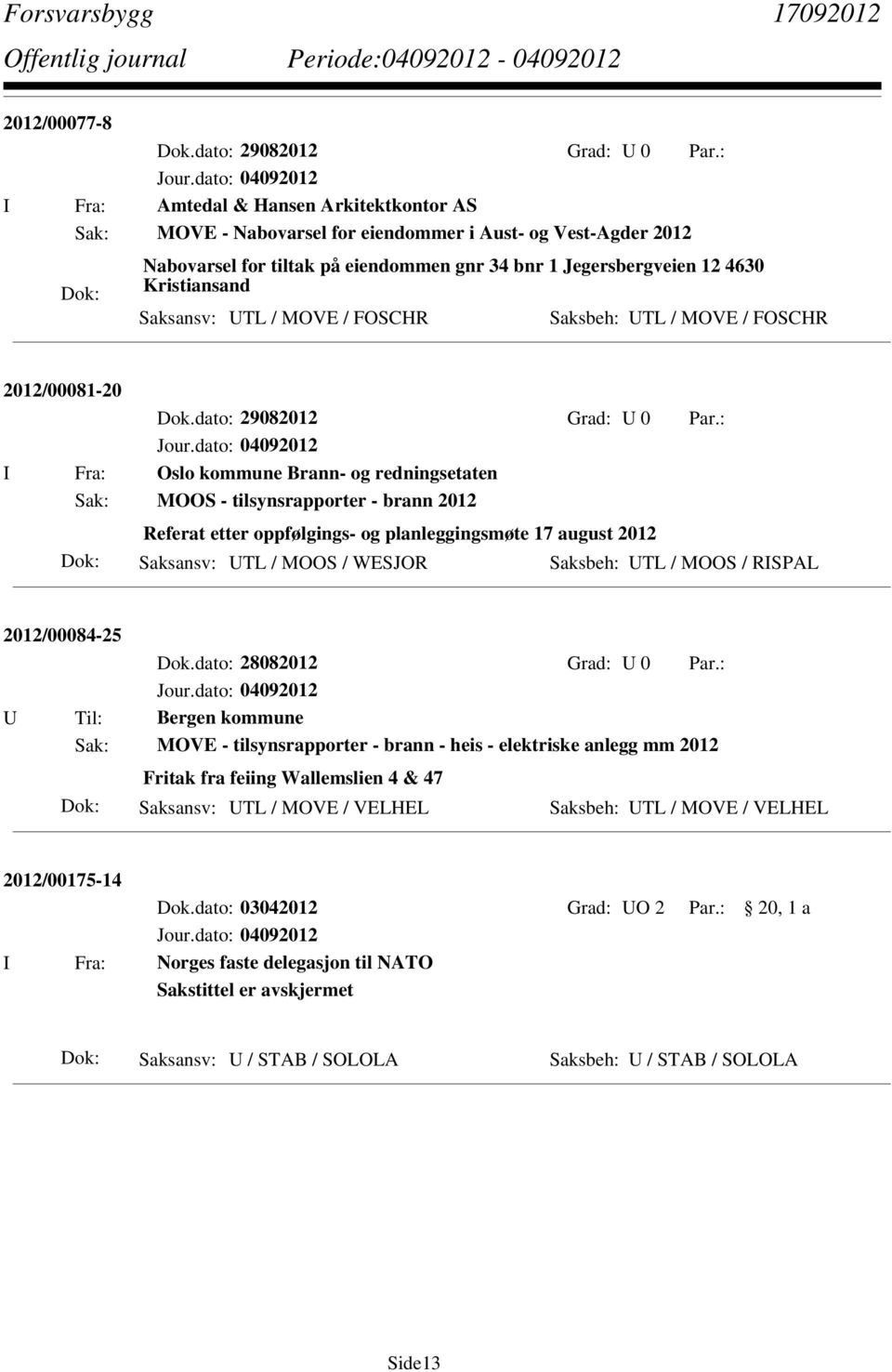 Saksansv: UTL / MOVE / FOSCHR Saksbeh: UTL / MOVE / FOSCHR 2012/00081-20 Dok.dato: 29082012 Grad: U 0 Par.