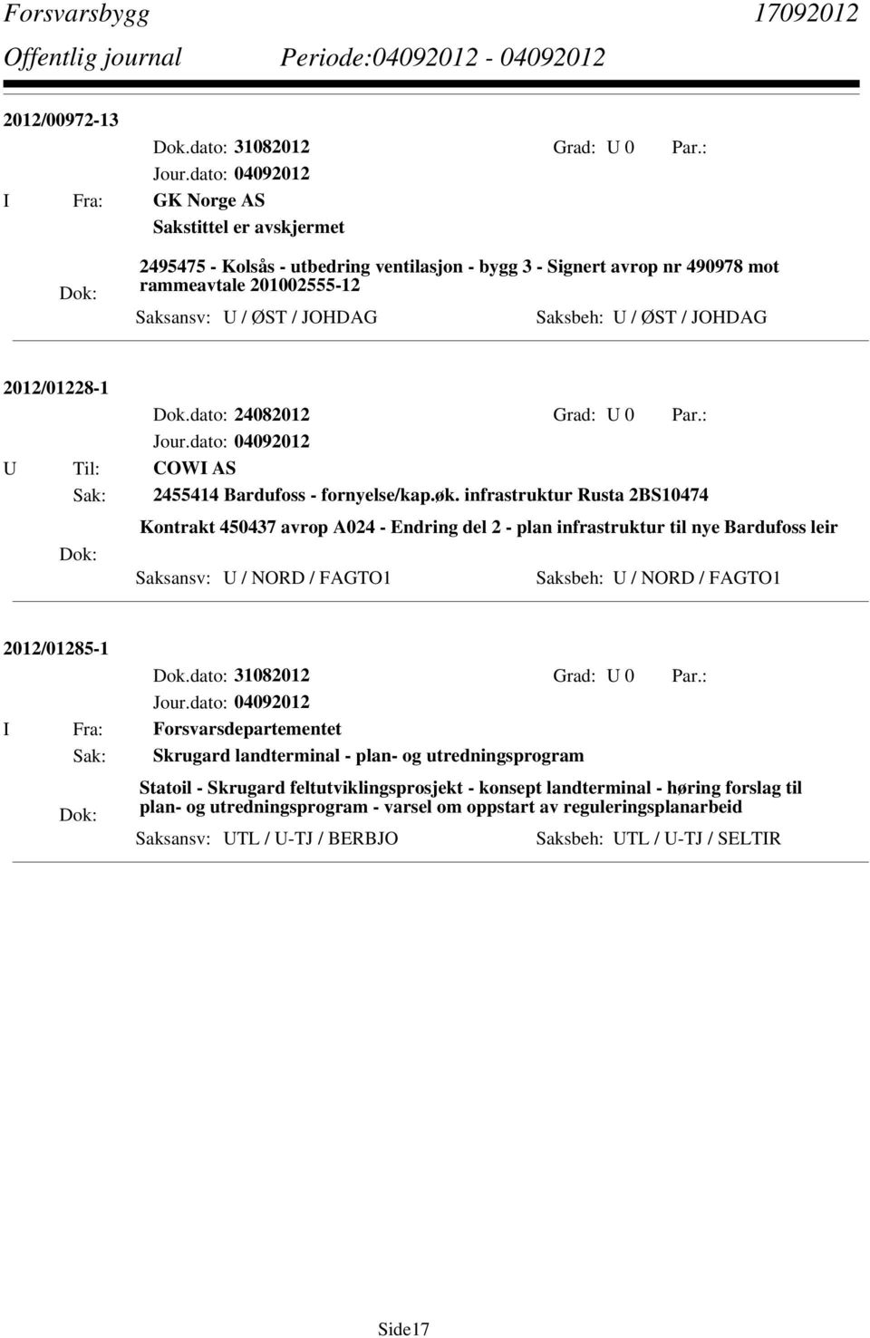 infrastruktur Rusta 2BS10474 Kontrakt 450437 avrop A024 - Endring del 2 - plan infrastruktur til nye Bardufoss leir Saksansv: U / NORD / FAGTO1 Saksbeh: U / NORD / FAGTO1 2012/01285-1 I Fra: