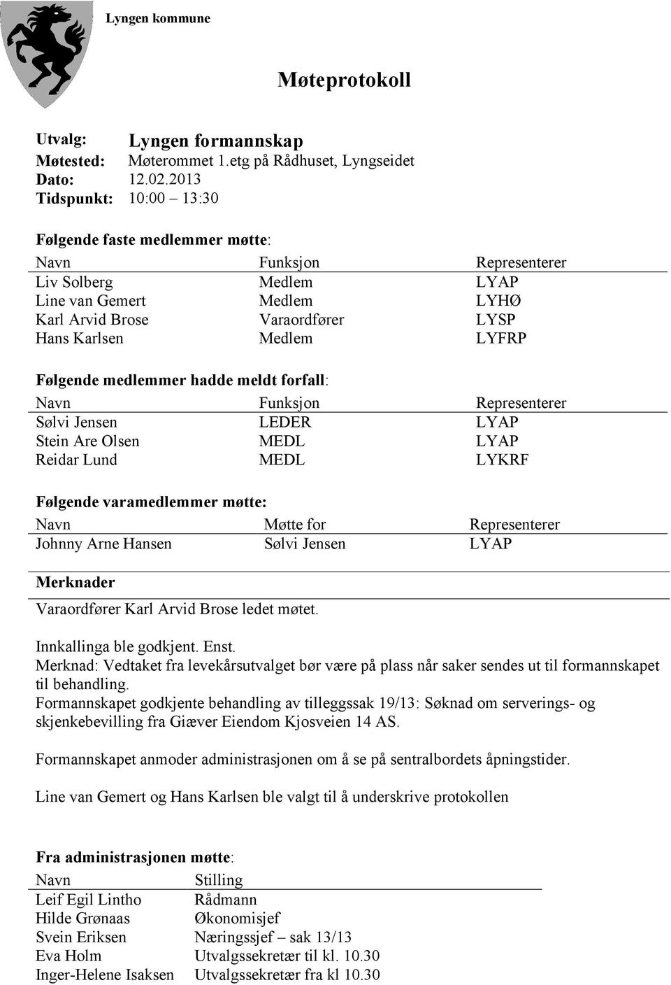 LYFRP Følgende medlemmer hadde meldt forfall: Navn Funksjon Representerer Sølvi Jensen LEDER LYAP Stein Are Olsen MEDL LYAP Reidar Lund MEDL LYKRF Følgende varamedlemmer møtte: Navn Møtte for