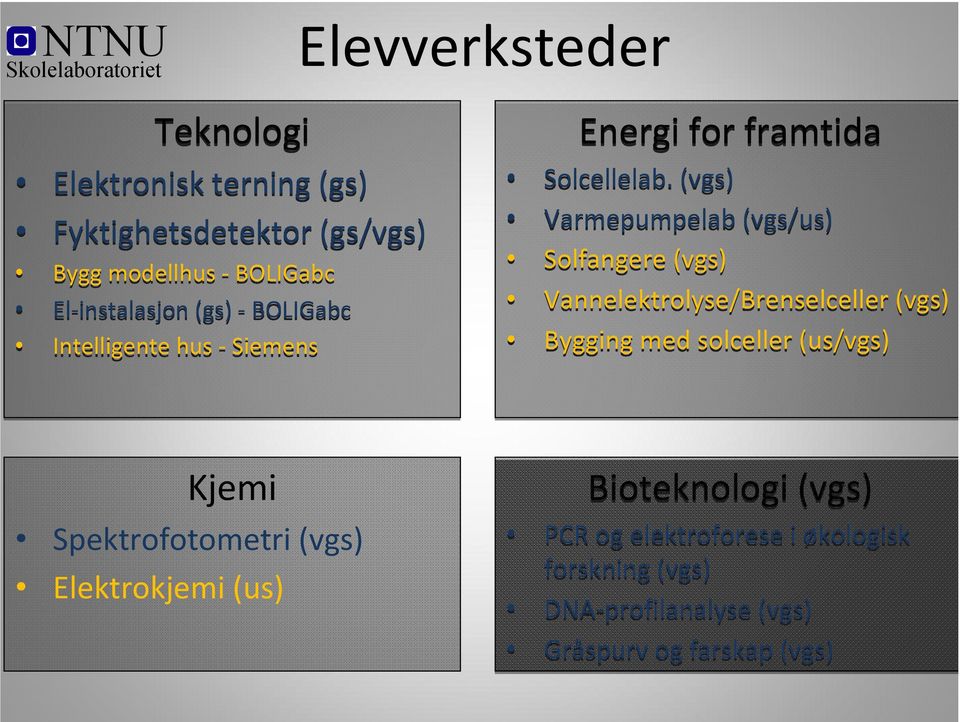 (vgs) Varmepumpelab (vgs/us) Solfangere (vgs) Vannelektrolyse/Brenselceller (vgs) Bygging med solceller (us/vgs)