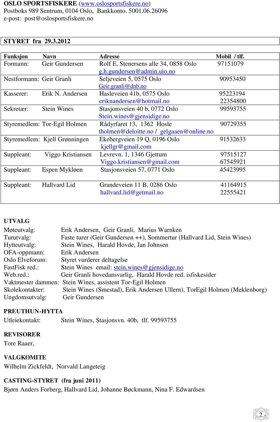 Andersen Hasleveien 41b, 0575 Oslo 95223194 eriknandersen@hotmail.no 22354800 Sekretær: Stein Wines Stasjonsveien 40 b, 0772 Oslo 99593755 Stein.wines@gjensidige.