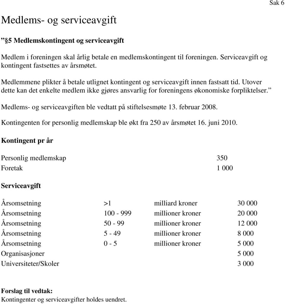 Medlems- og serviceavgiften ble vedtatt på stiftelsesmøte 13. februar 2008. Kontingenten for personlig medlemskap ble økt fra 250 av årsmøtet 16. juni 2010.