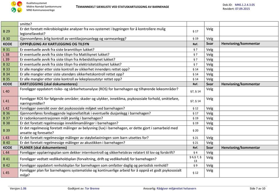 7 L 39 Er eventuelle avvik fra siste tilsyn fra Arbeidstilsynet lukket? 7 B 32 Er eventuelle avvik fra siste tilsyn fra elektrisitetstilsynet lukket?