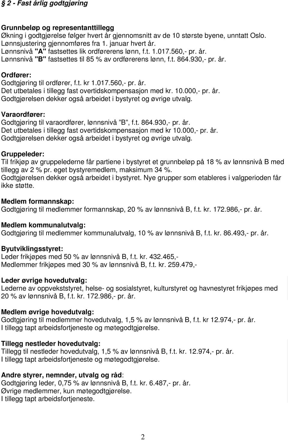 t. kr 1.017.560,- pr. år. Det utbetales i tillegg fast overtidskompensasjon med kr. 10.000,- pr. år. Godtgjørelsen dekker også arbeidet i bystyret og øvrige utvalg.